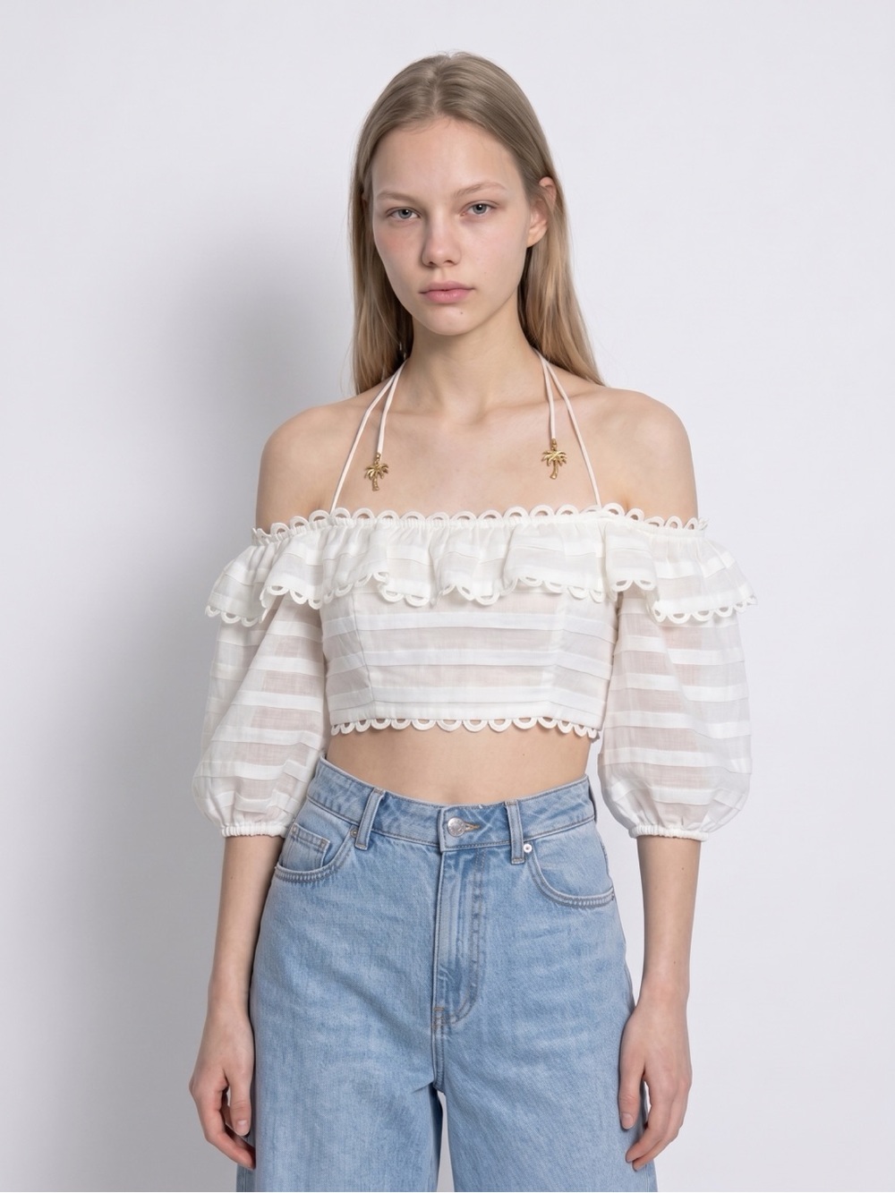 Zimmermann Allia Pintuck Off Shoulder Cropped Top White Size 0P